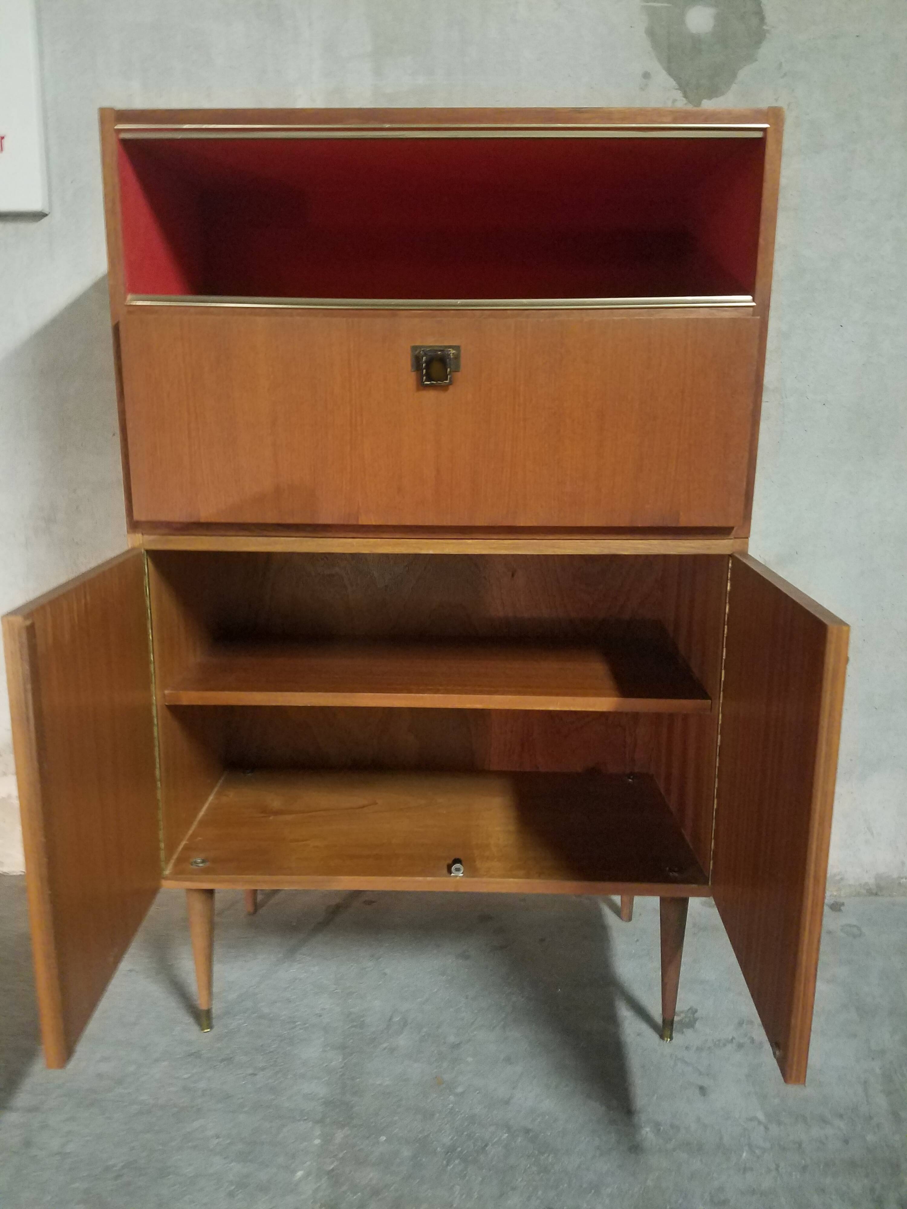Teak bar cabinet and teak veneer, saddle leather and brass handles