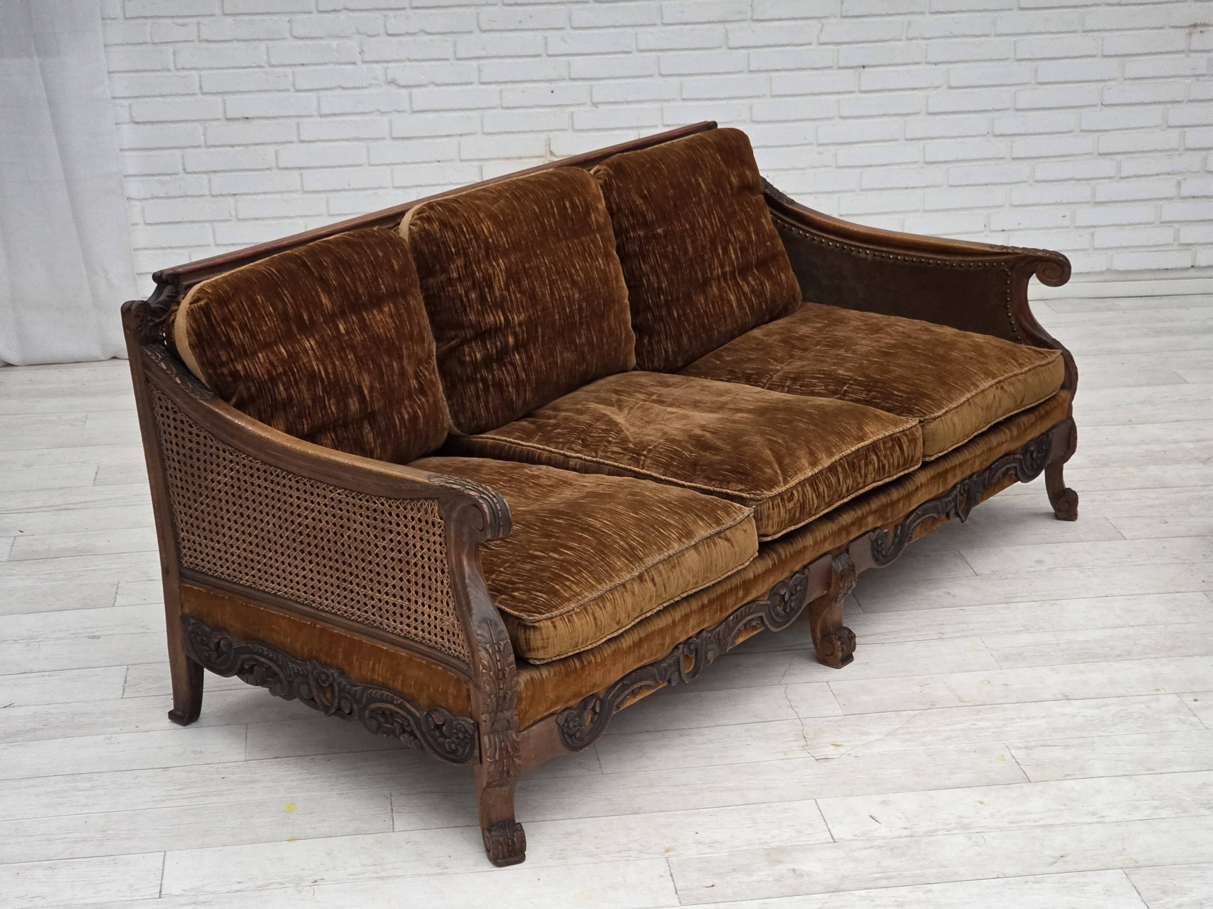 1930-35s, Danish 3-seater sofa, furniture velour, furniture mesh, ash wood.