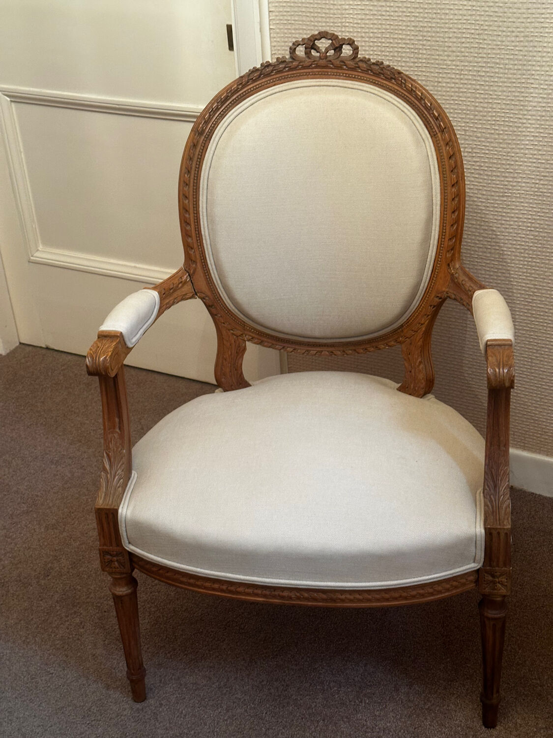 Pair of Louis XVI style medallion armchairs, late 19th / early 20th century.