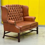 English Georgian Style Tufted Leather Chesterfield Wingback Two Seater Sofa
