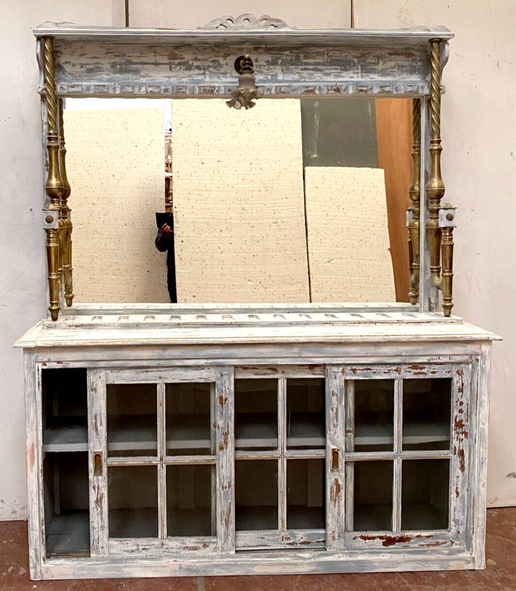 Store counter with sliding door patinated wood XX century