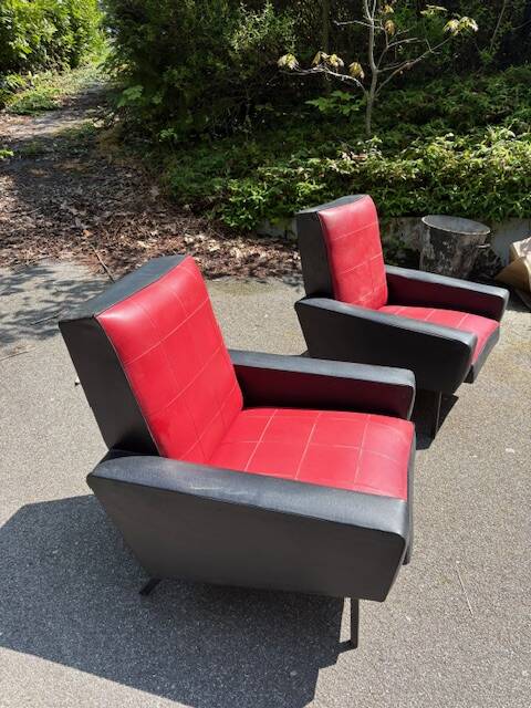 pair of old skai compass leg armchairs / vintage