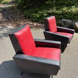 paire d'anciens fauteuils pieds compas skai / vintage