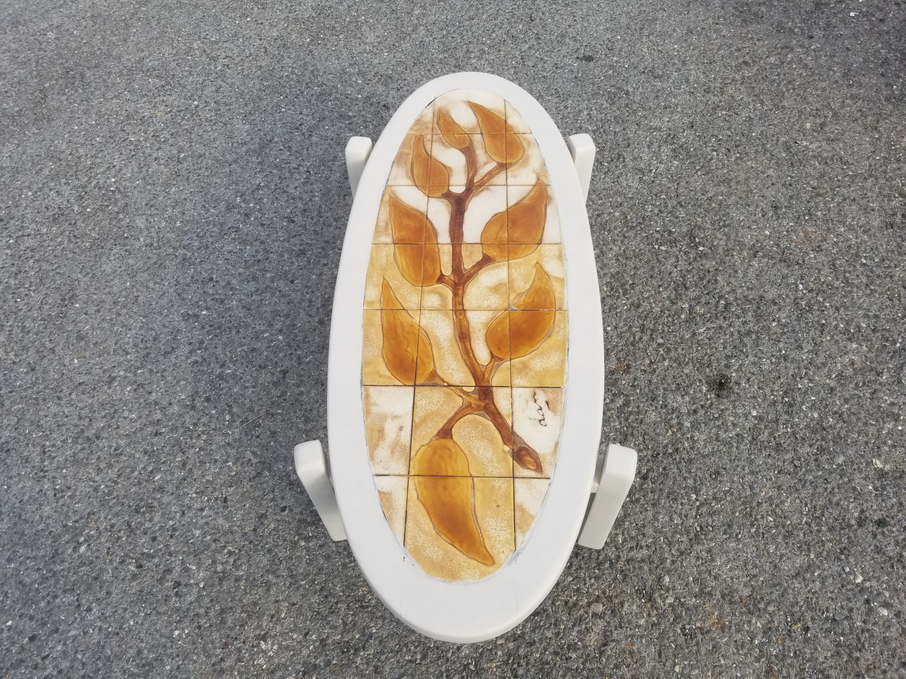 Vintage oval wooden and ceramic coffee table signed Dan - Vallauris