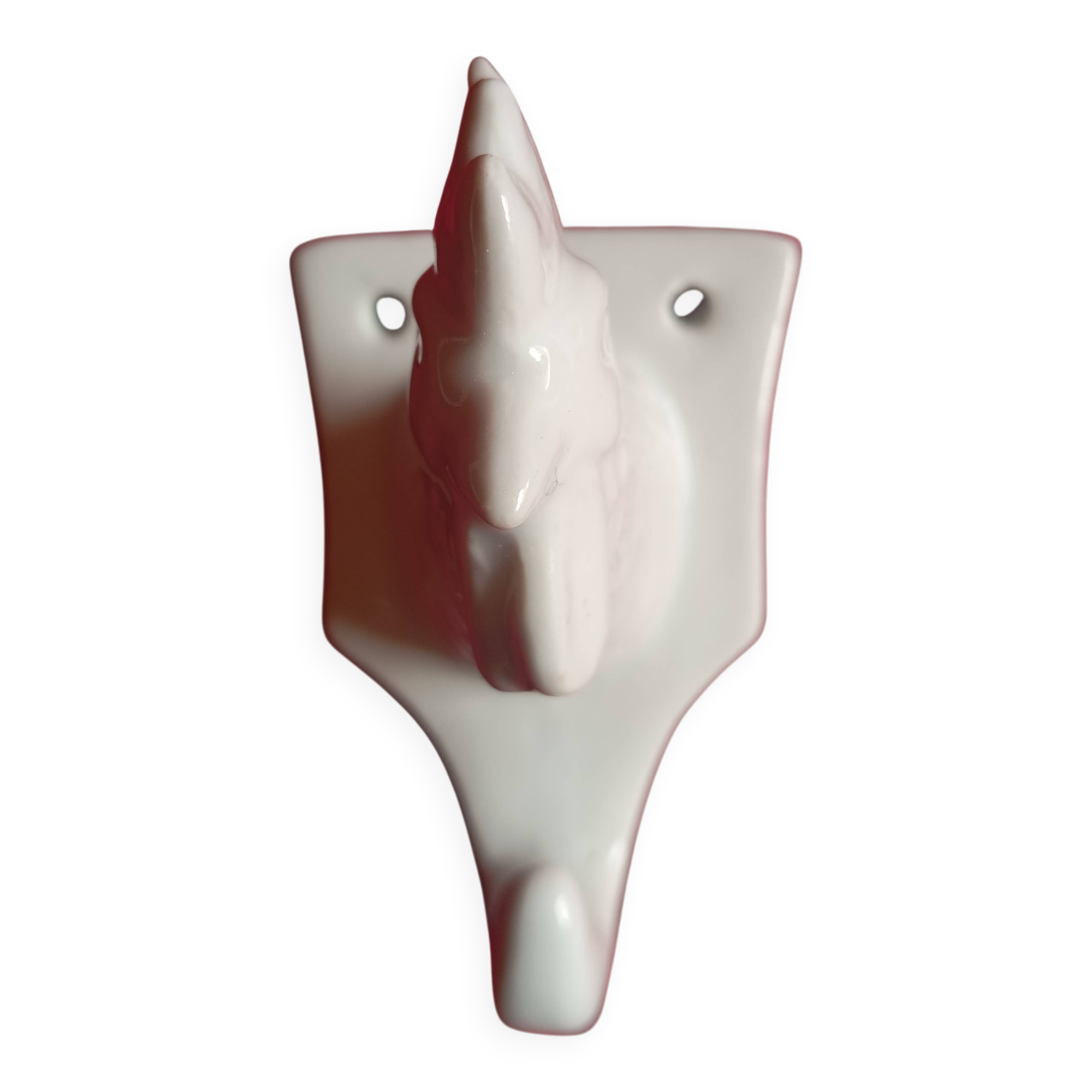 RARE WHITE PORCELAIN COAT HOOK WITH ROOSTER MOTIF