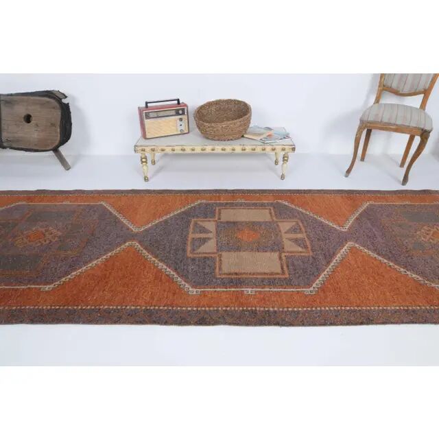 Vintage Turkish Oushak handmade cotton red wool runner 110x370