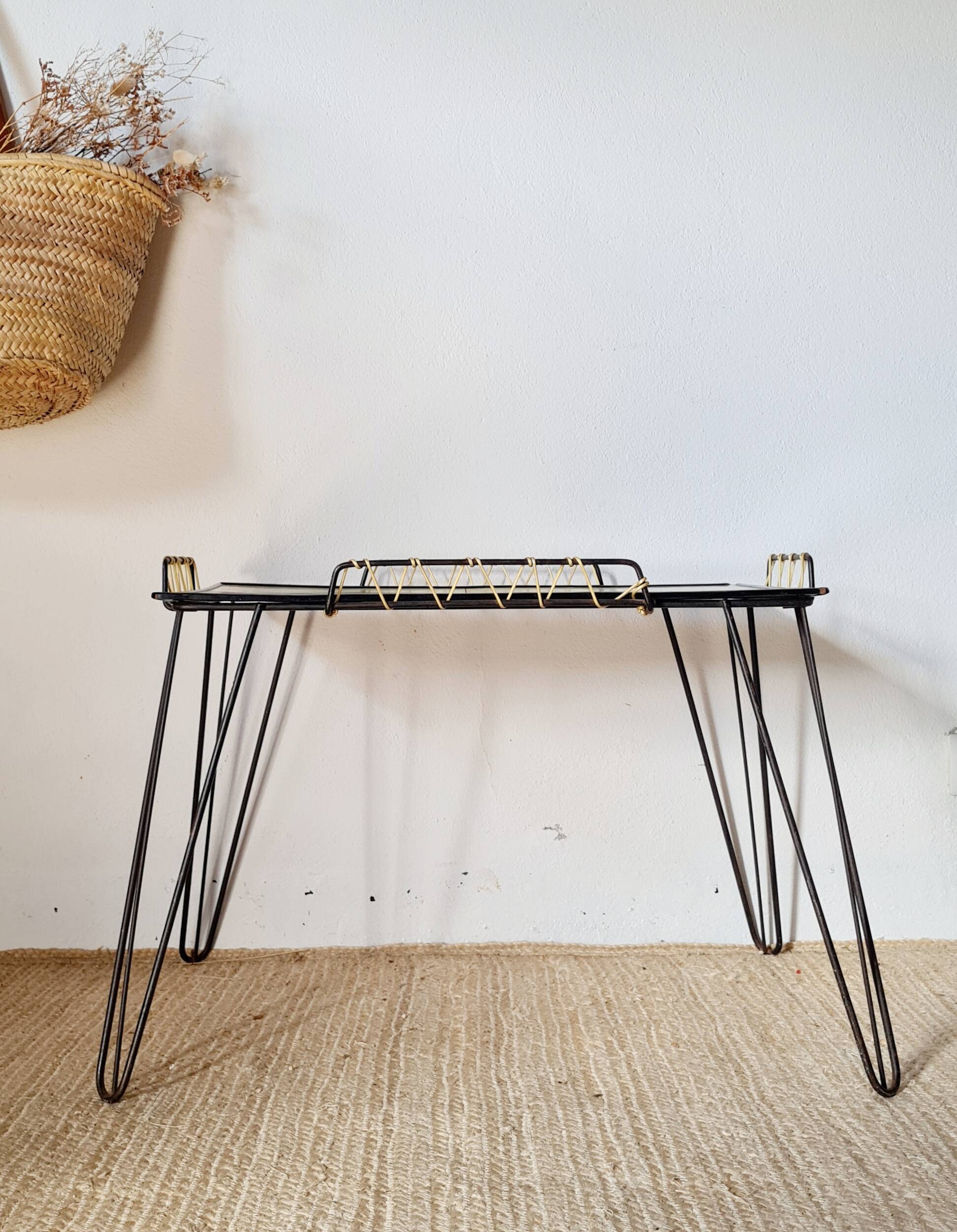 Black metal side table with scoubidou, 1950s
