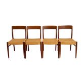 Suite of 4 Scandinavian teak chairs and braided rope