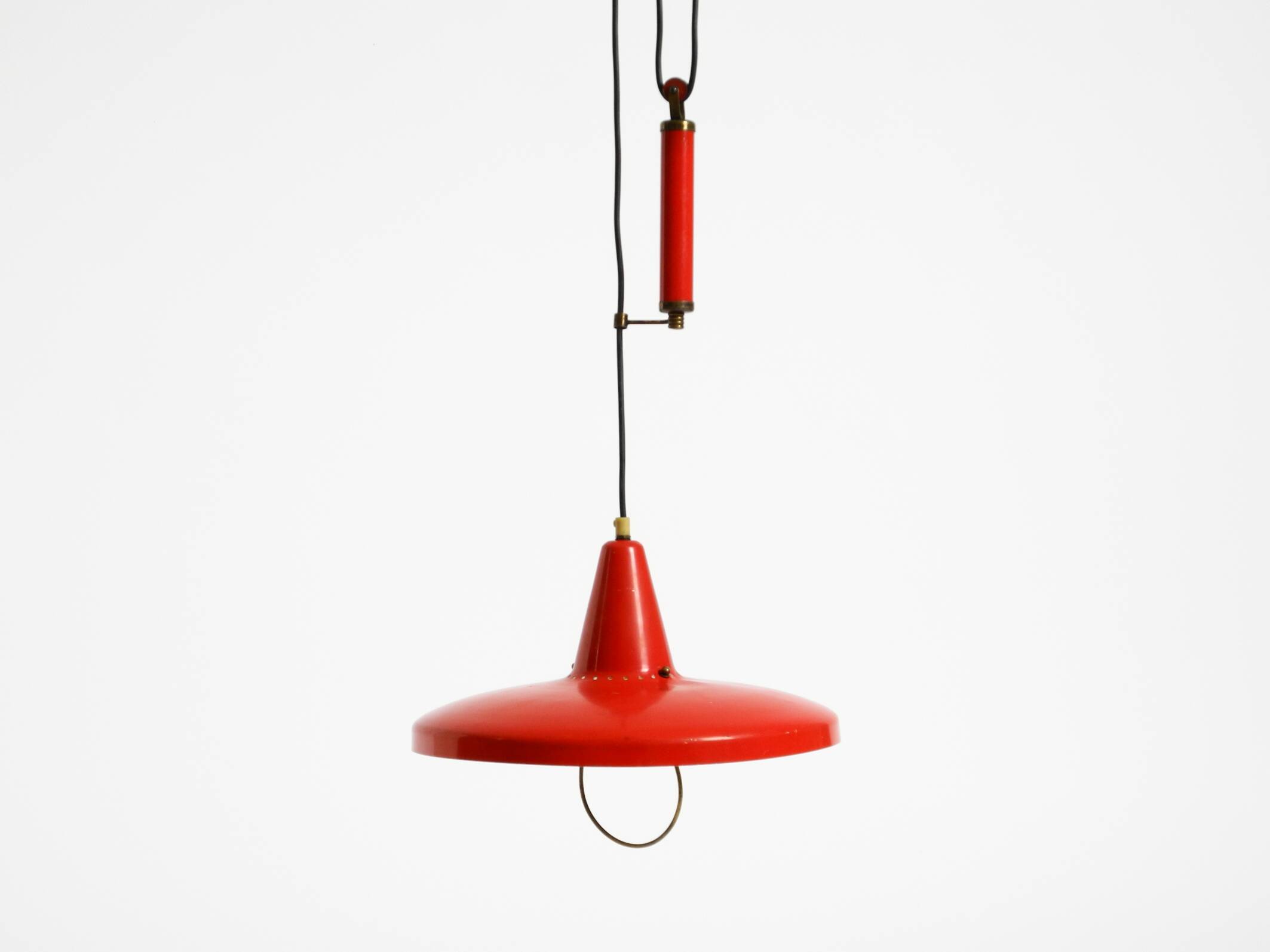 Mid-Century Modern red aluminum pendant lamp, height adjustable, Italy