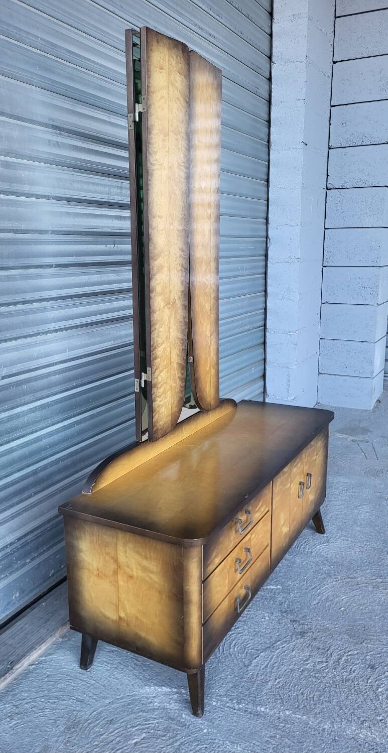 Vintage Scandinavian style dressing table, chest of drawers, triptych mirror and bedside table