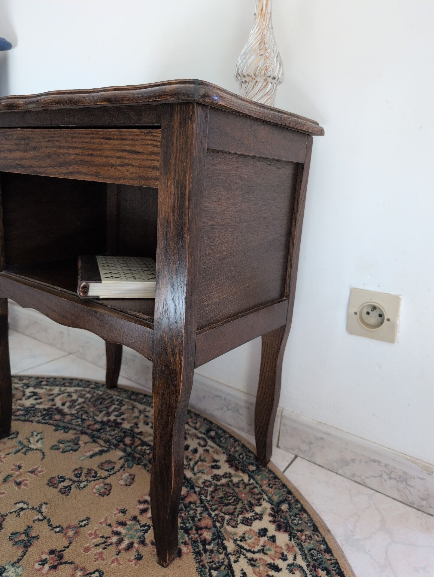 antique dark wood bedside table, cottage, bohemian, curved legs