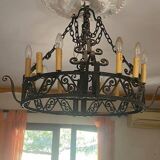 Crown chandelier ceiling light with art deco suspension 1930 in wrought iron