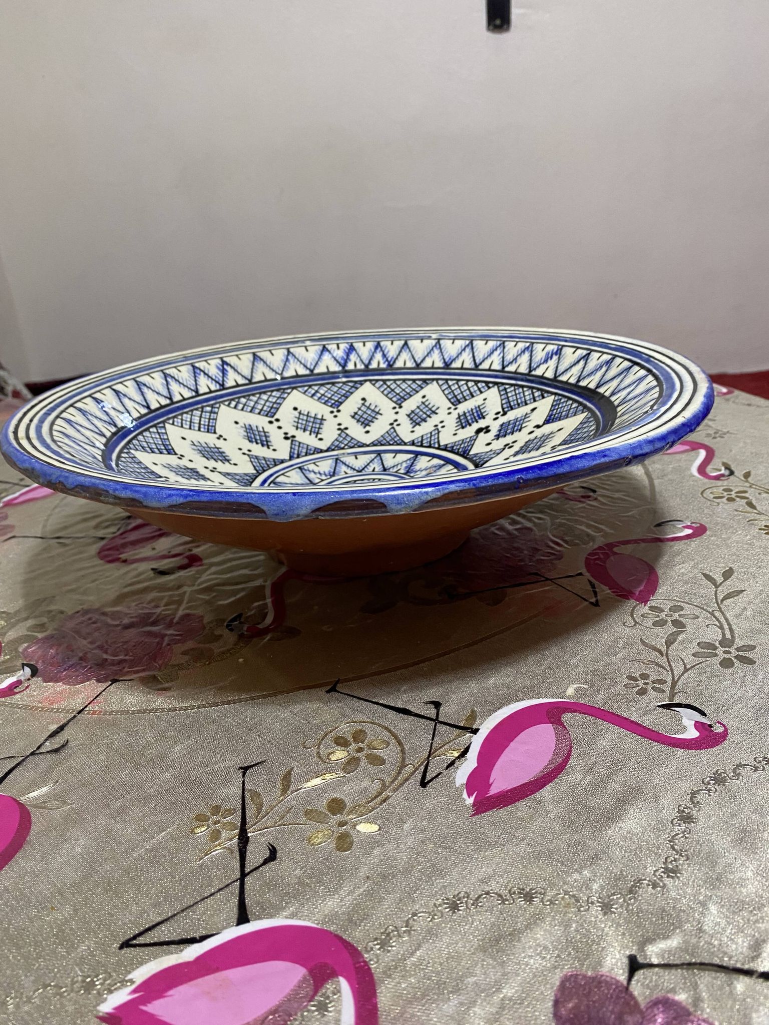 Moroccan dish in handcrafted sculpted ceramic, blue geometric patterns and
