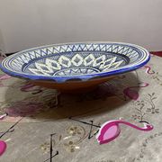 Moroccan dish in handcrafted sculpted ceramic, blue geometric patterns and