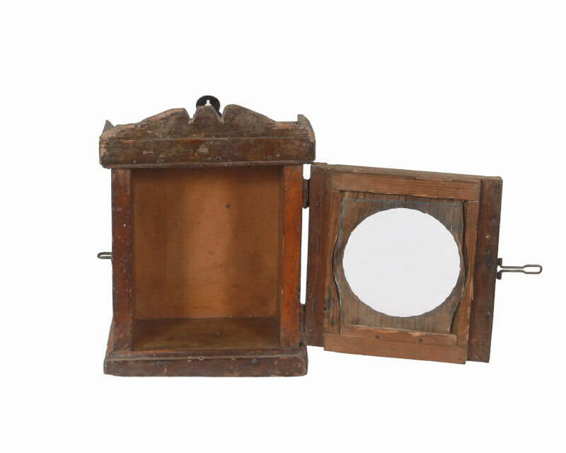 Little old wall showcase box has clock patina of origin india