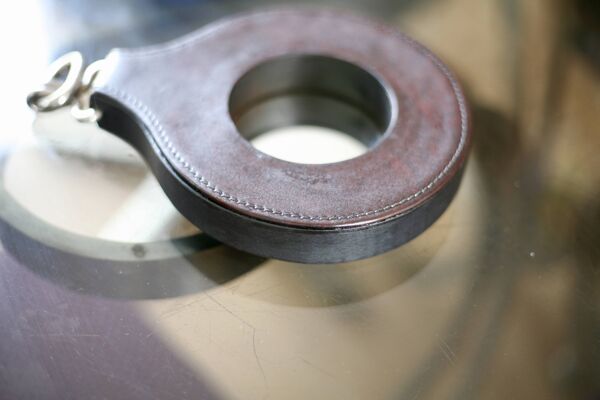 Miroir Lancel en cuir et bois, France années 60