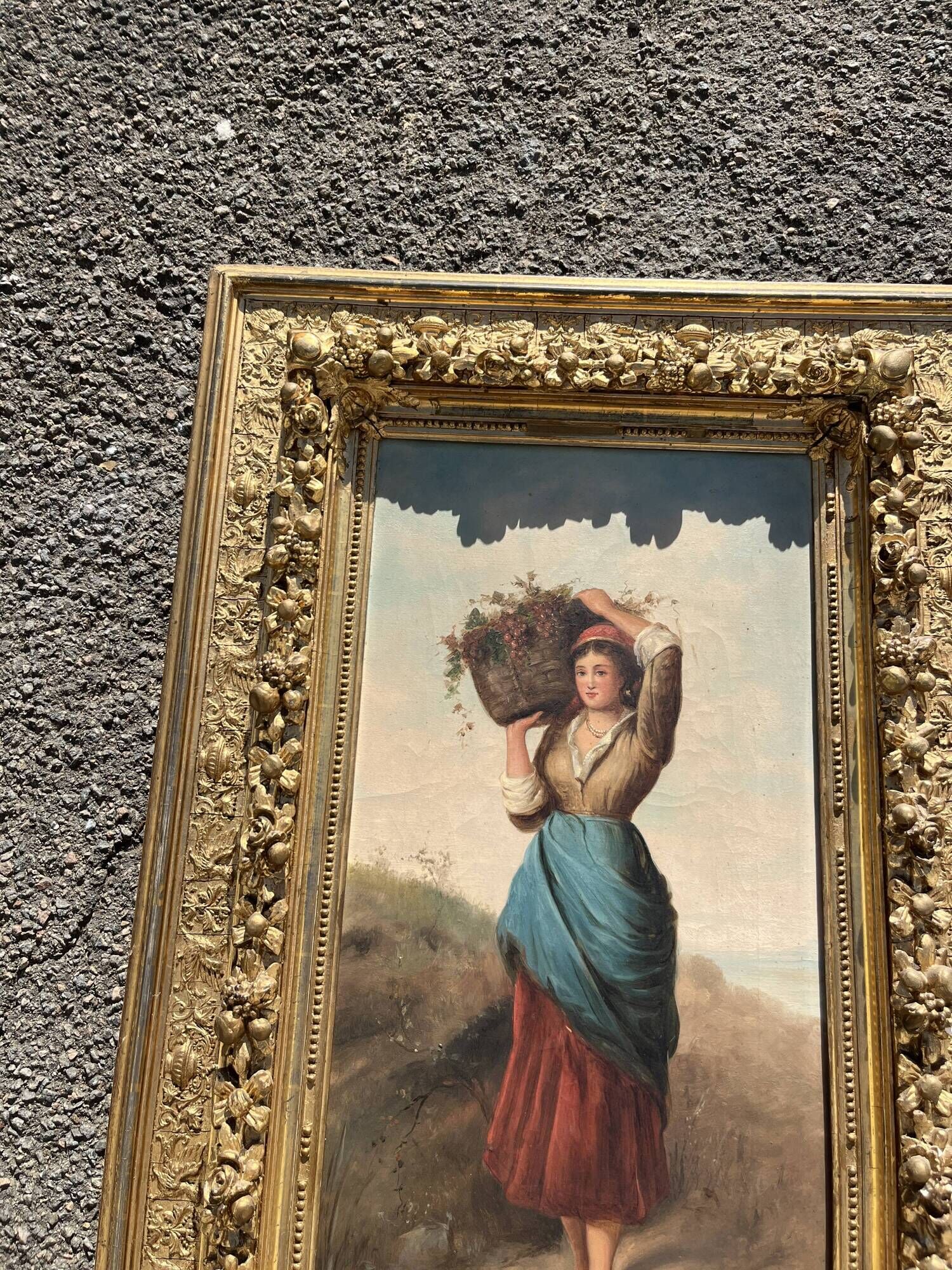 Ernesto Jolli – Oil on canvas 19th century – Young woman with a basket of flowers