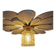 Suspension flower petals in rattan, white linen and vintage glass globe