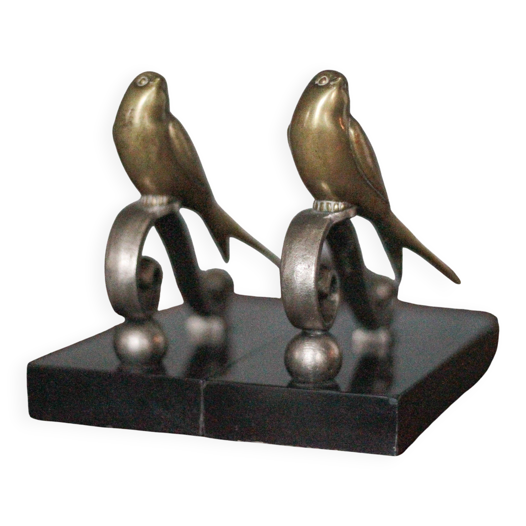 Serre-livres vintage, oiseau laiton socle marbre noir, animaux laiton