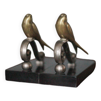 Serre-livres vintage, oiseau laiton socle marbre noir, animaux laiton