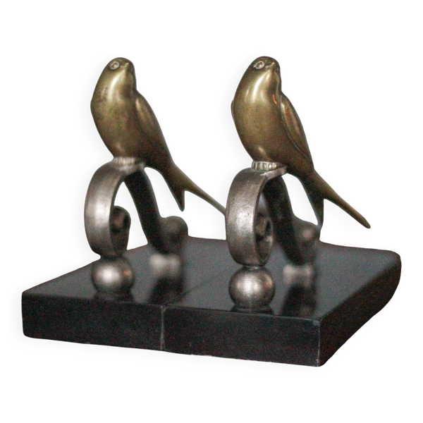Serre-livres vintage, oiseau laiton socle marbre noir, animaux laiton