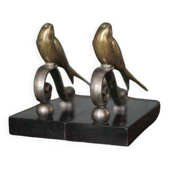 Vintage bookends, brass bird on black marble base, brass animals