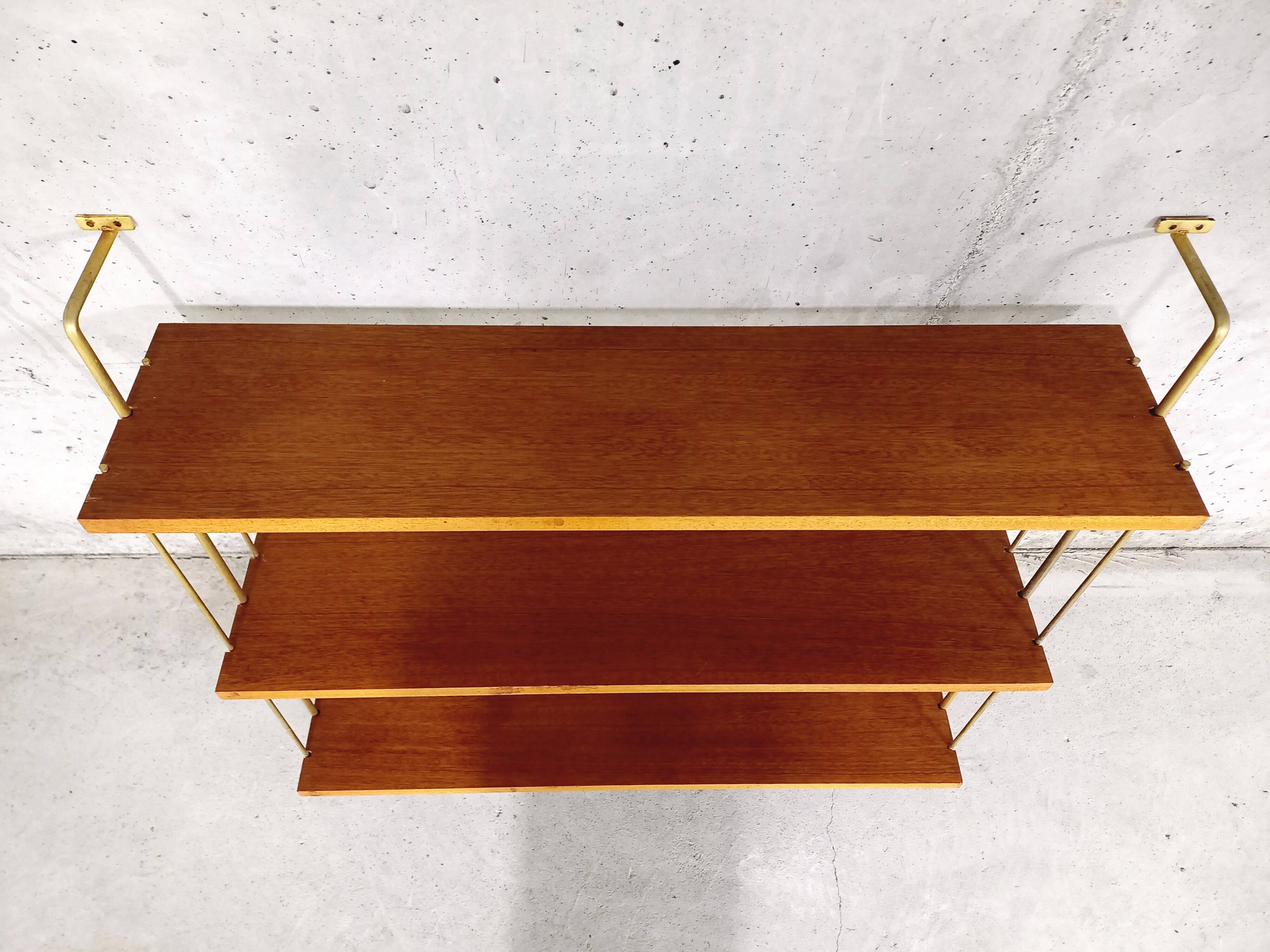 Vintage wall shelf in teak and golden brass String Tomado style