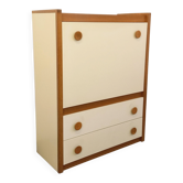 Secrétaire meuble de rangement vintage en bois de chêne et mélaminé blanc