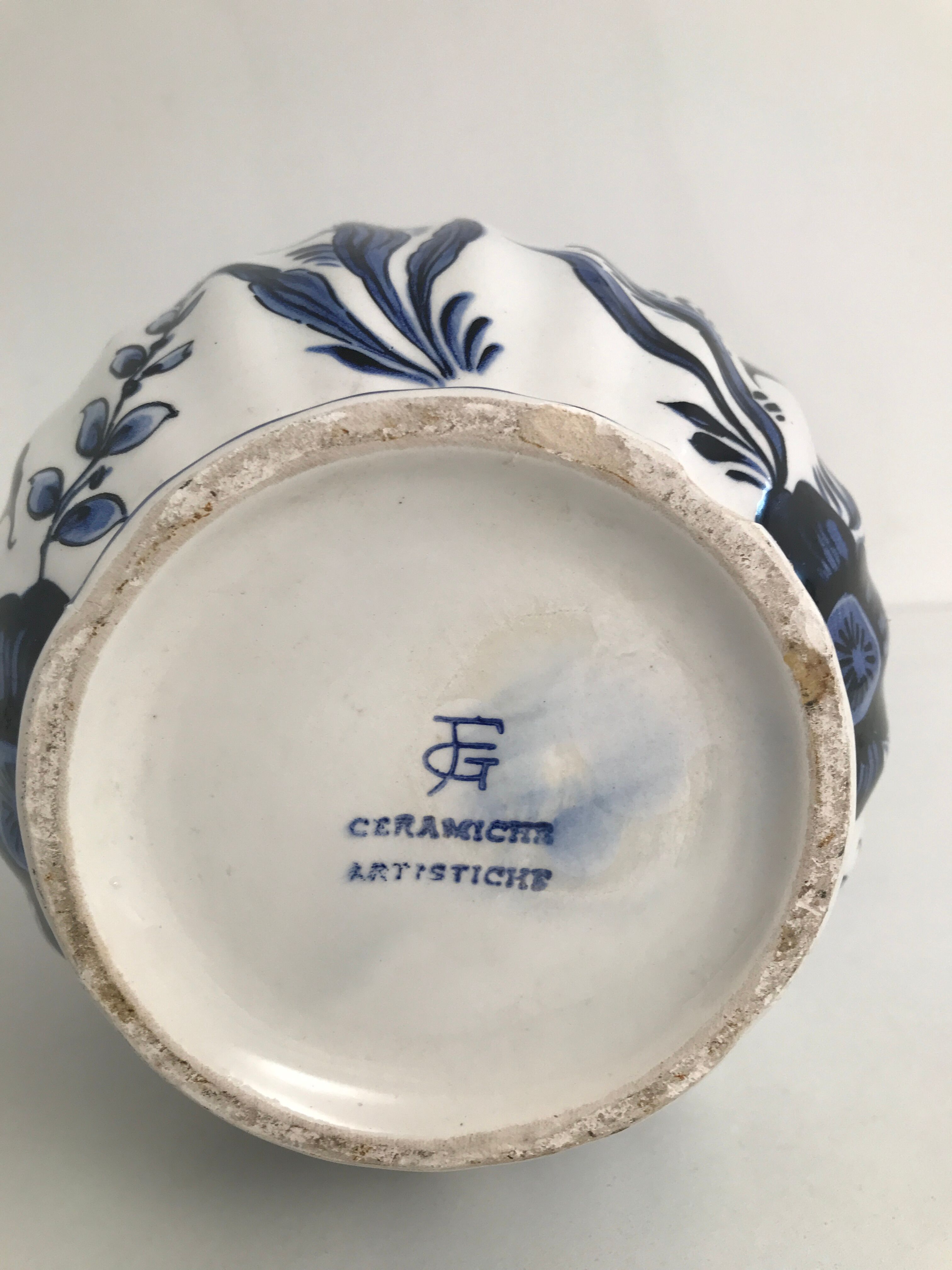 Vase with vintage blue and white flower pattern signed