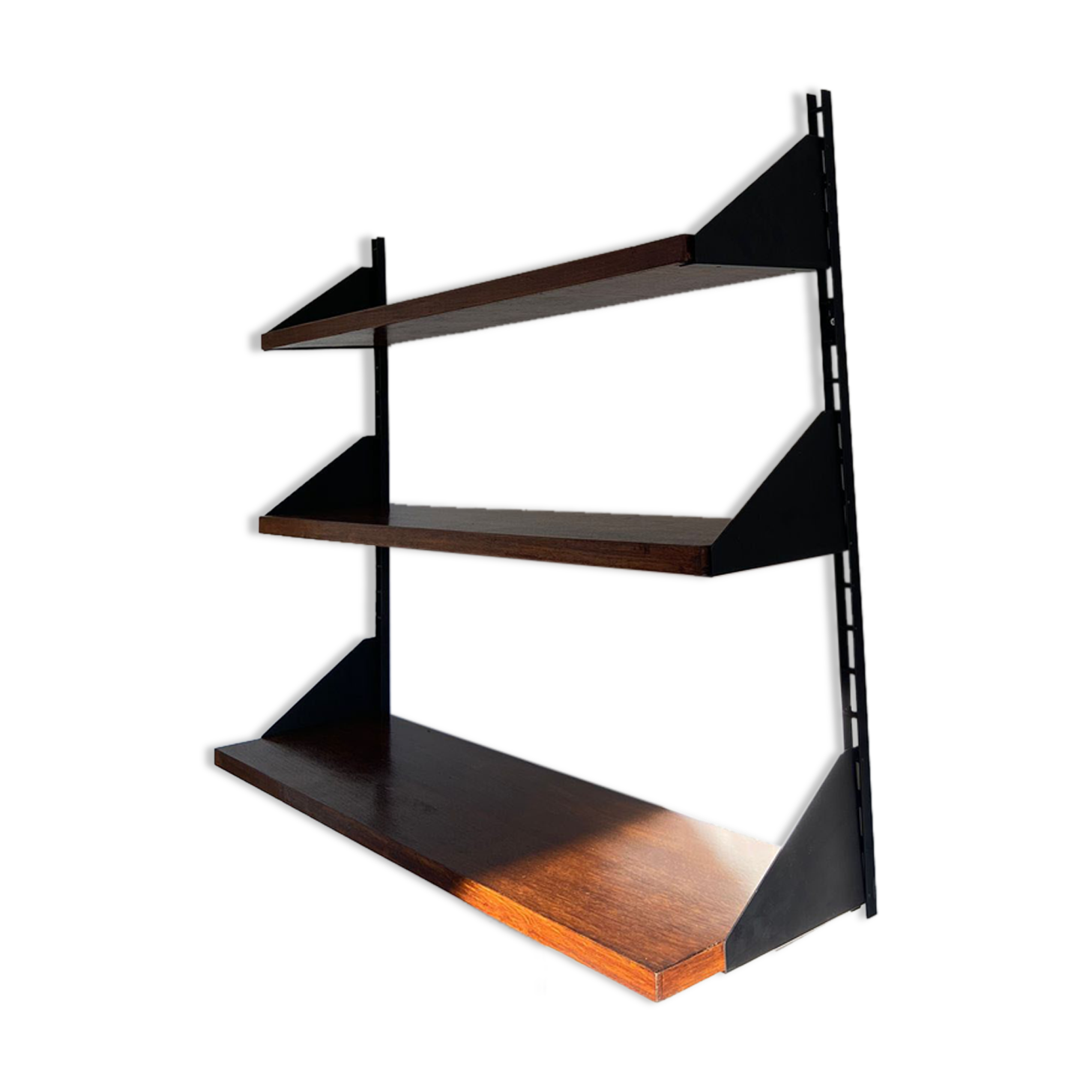 Shelves in rosewood and black lacquered metal from the 50s