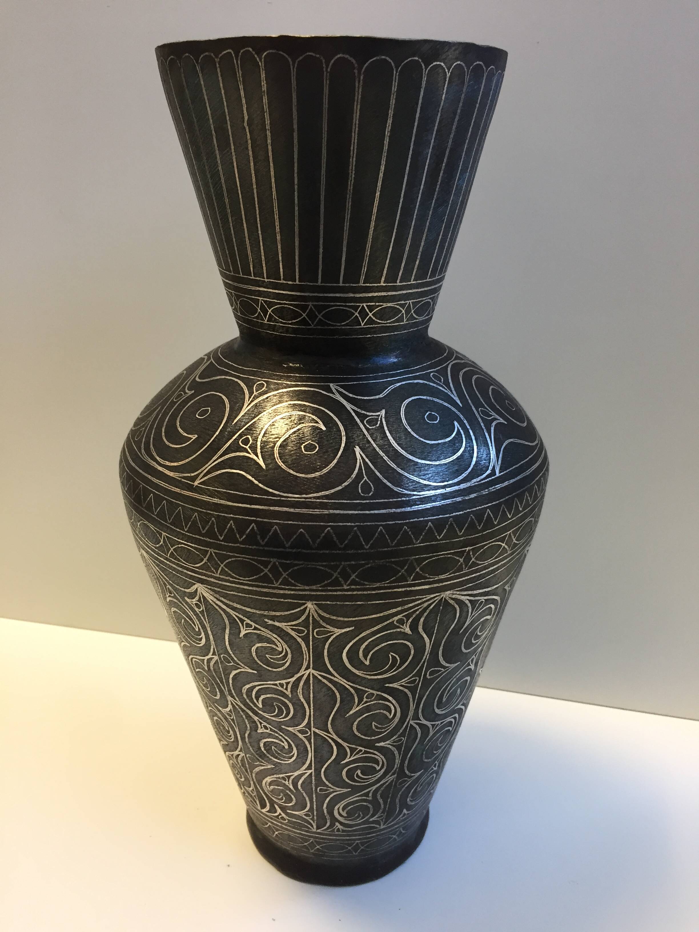 Antique Silver Damascus Steel Vase Indo-Persian Style Moroccan Work