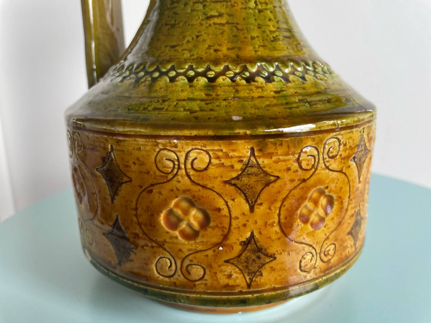 Green and yellow ceramic carafe bitossi italy 1950