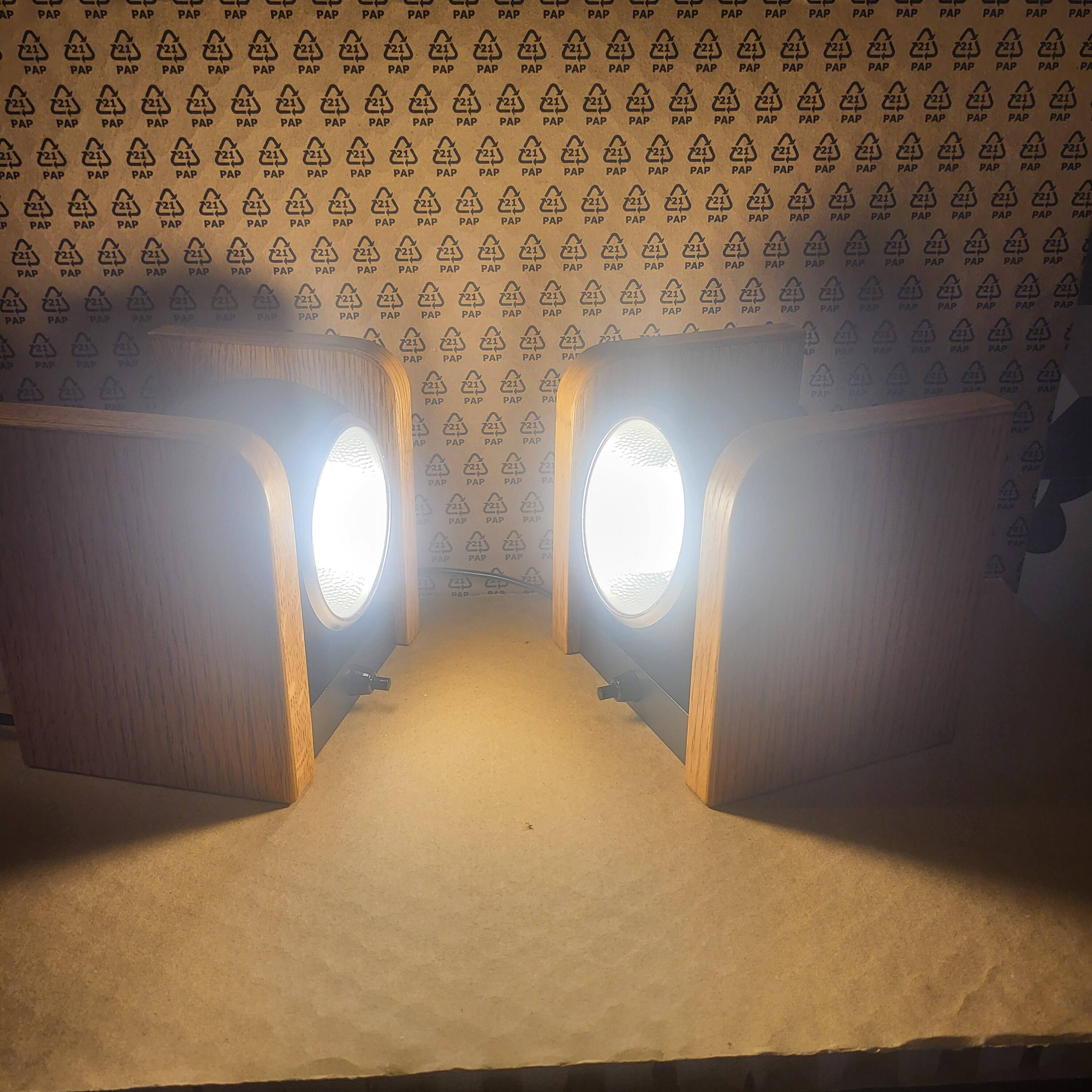 2 white eye lamps, wood, metal, vintage, Germany