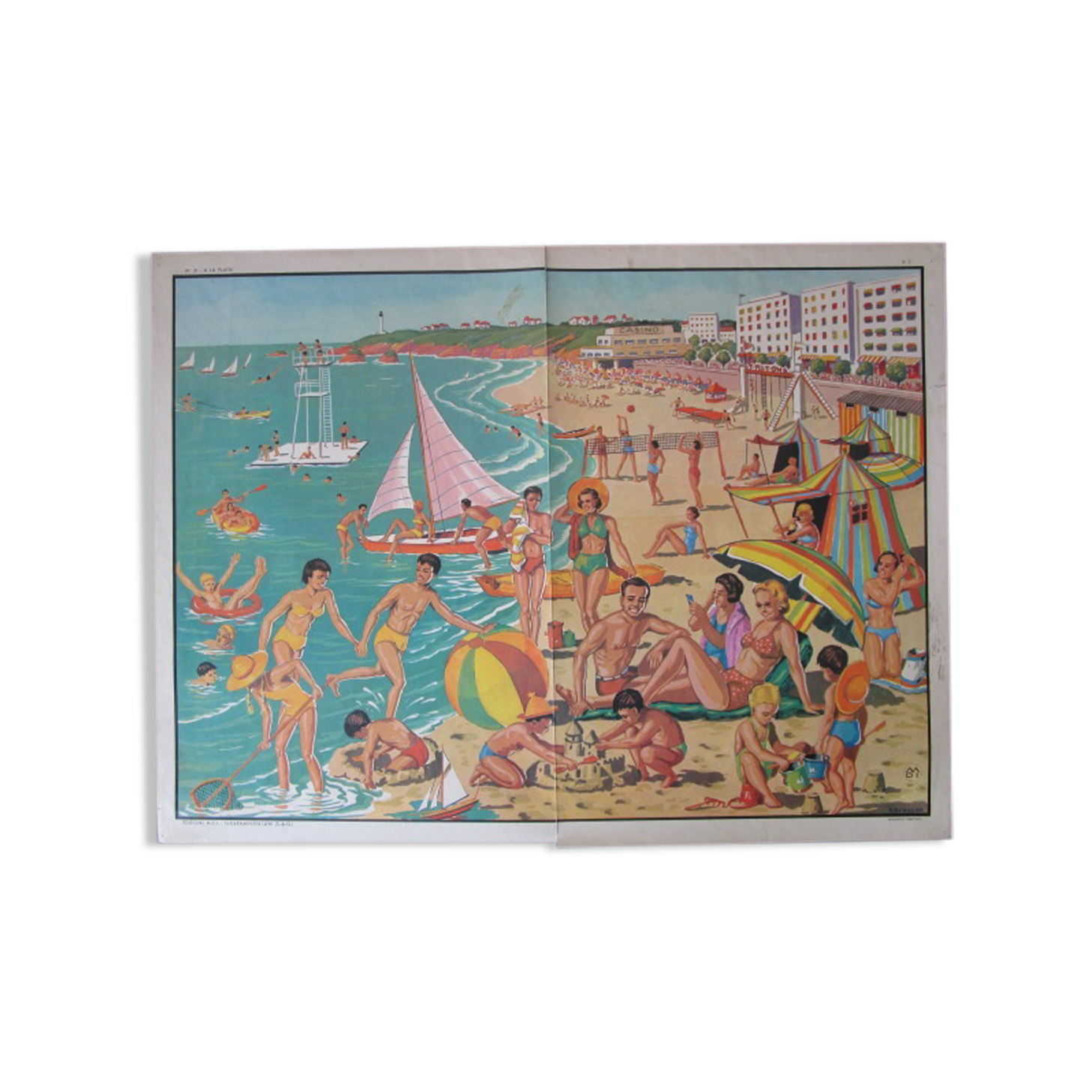Old school pedagogical poster double-sided-a la plage-l'été la moisson