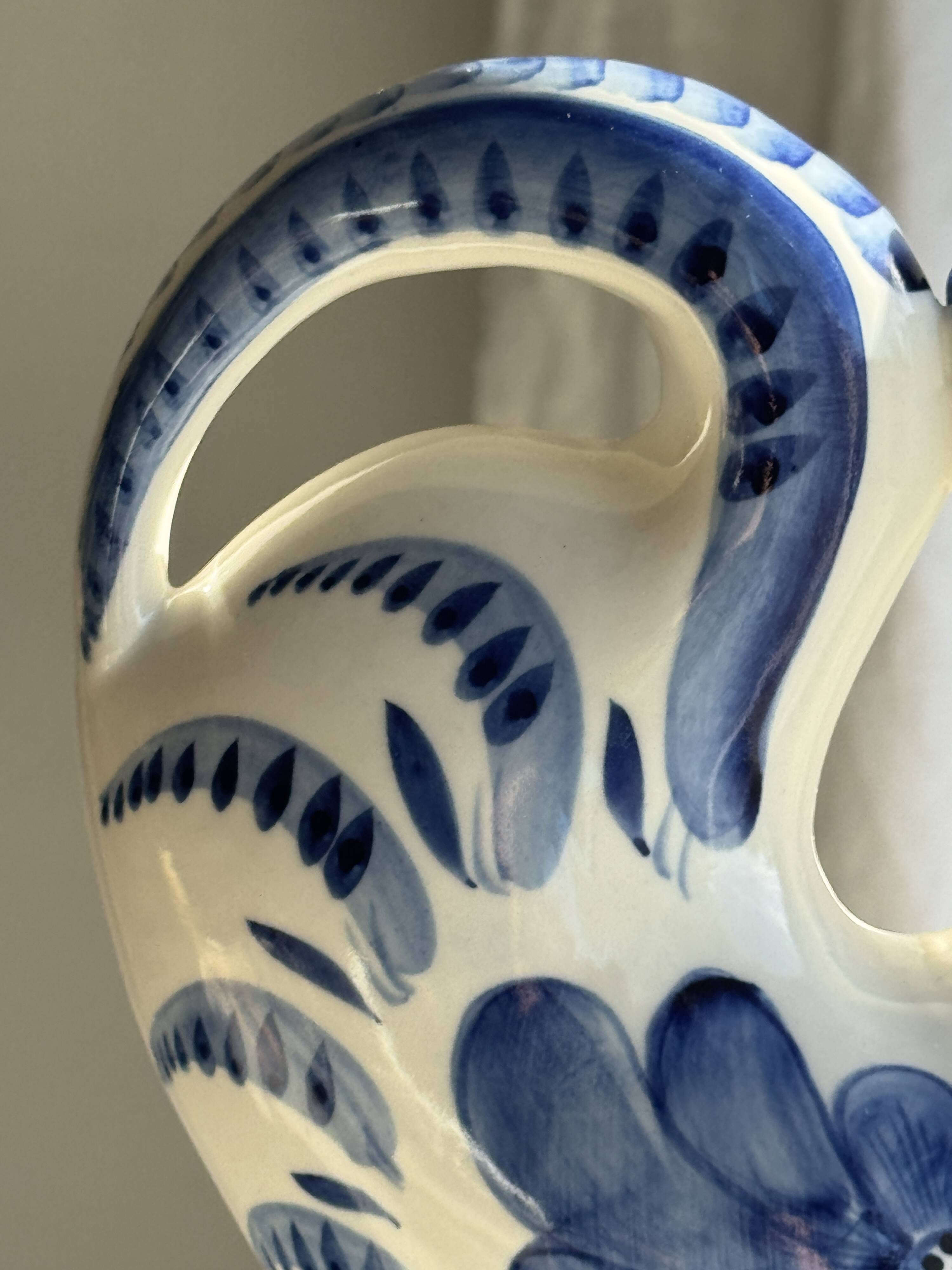 Vintage white ceramic carafe with blue Gjel-style decoration, USSR.