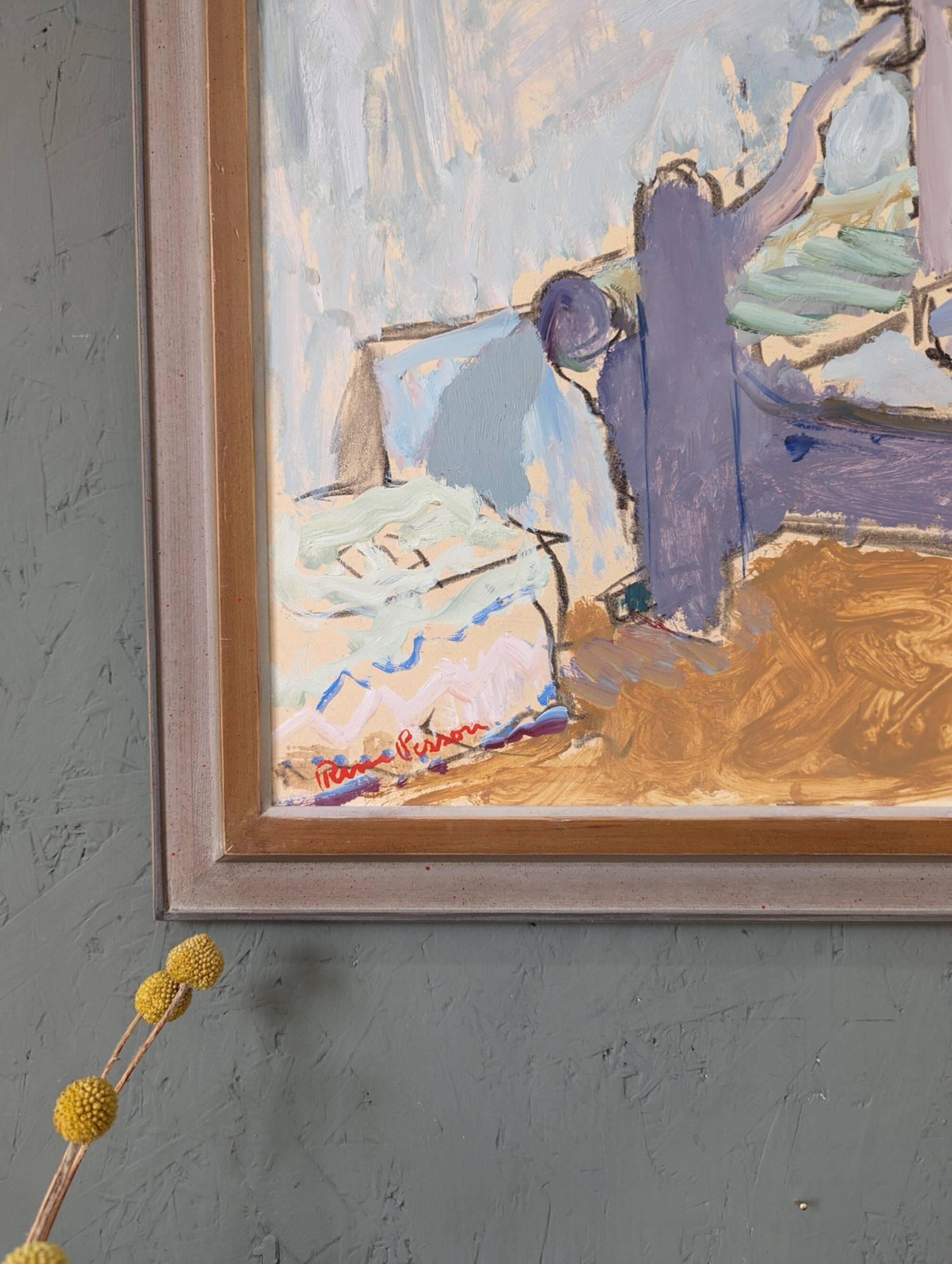 Mid-Century Modern "The Loom" Vintage Swedish Oil Painting, Figure in an Interior