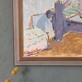 Peinture à l’huile suédoise vintage « The Loom » du milieu du siècle, figure dans un intérieur