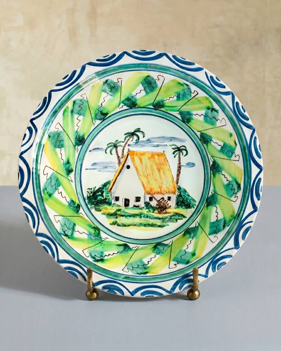 Vintage Italian large salad bowl in hand-painted ceramic with a house and palm trees.