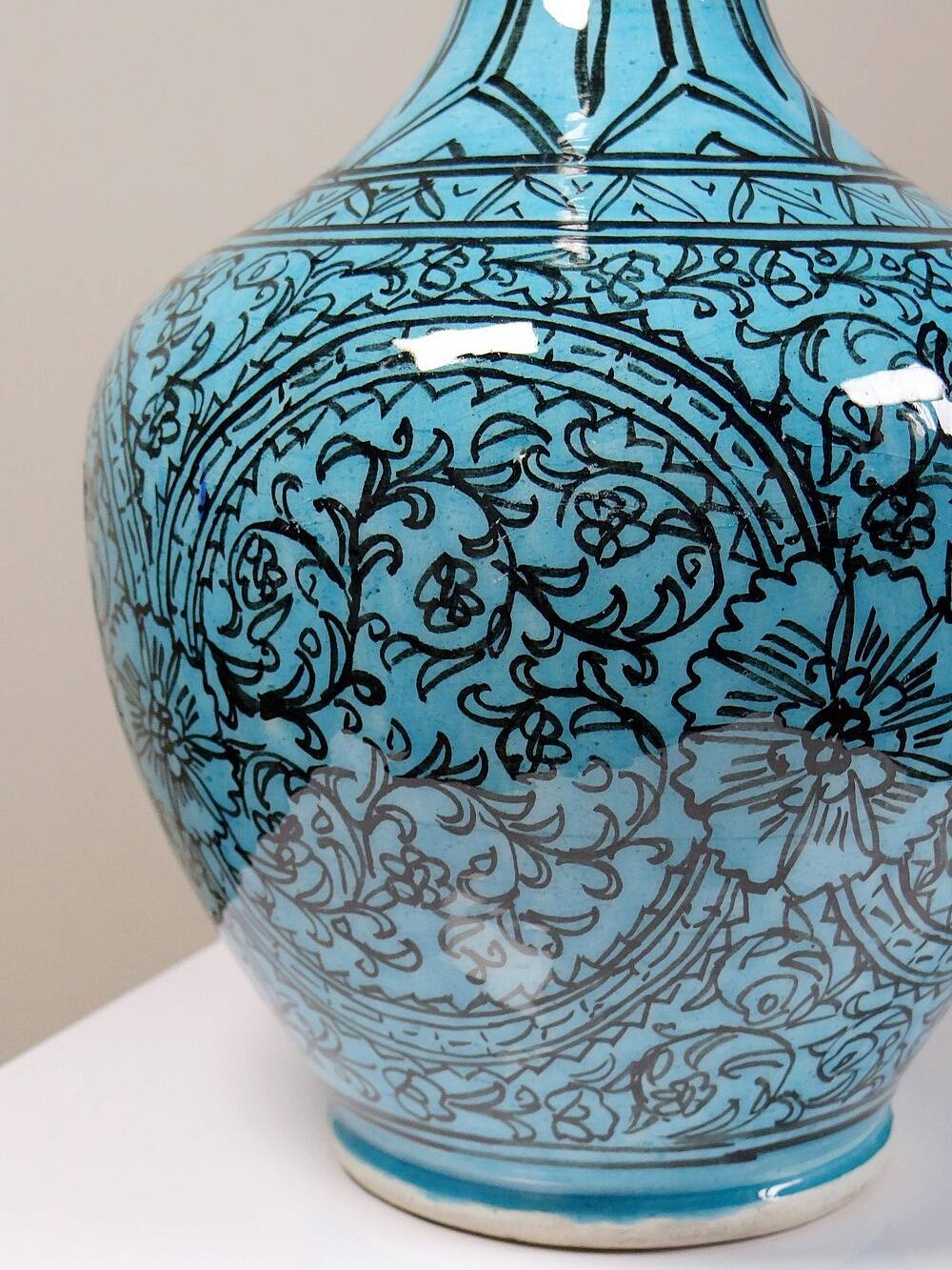 Covered vase or Persian jar, glazed Iznik pottery, vintage turquoise painted.