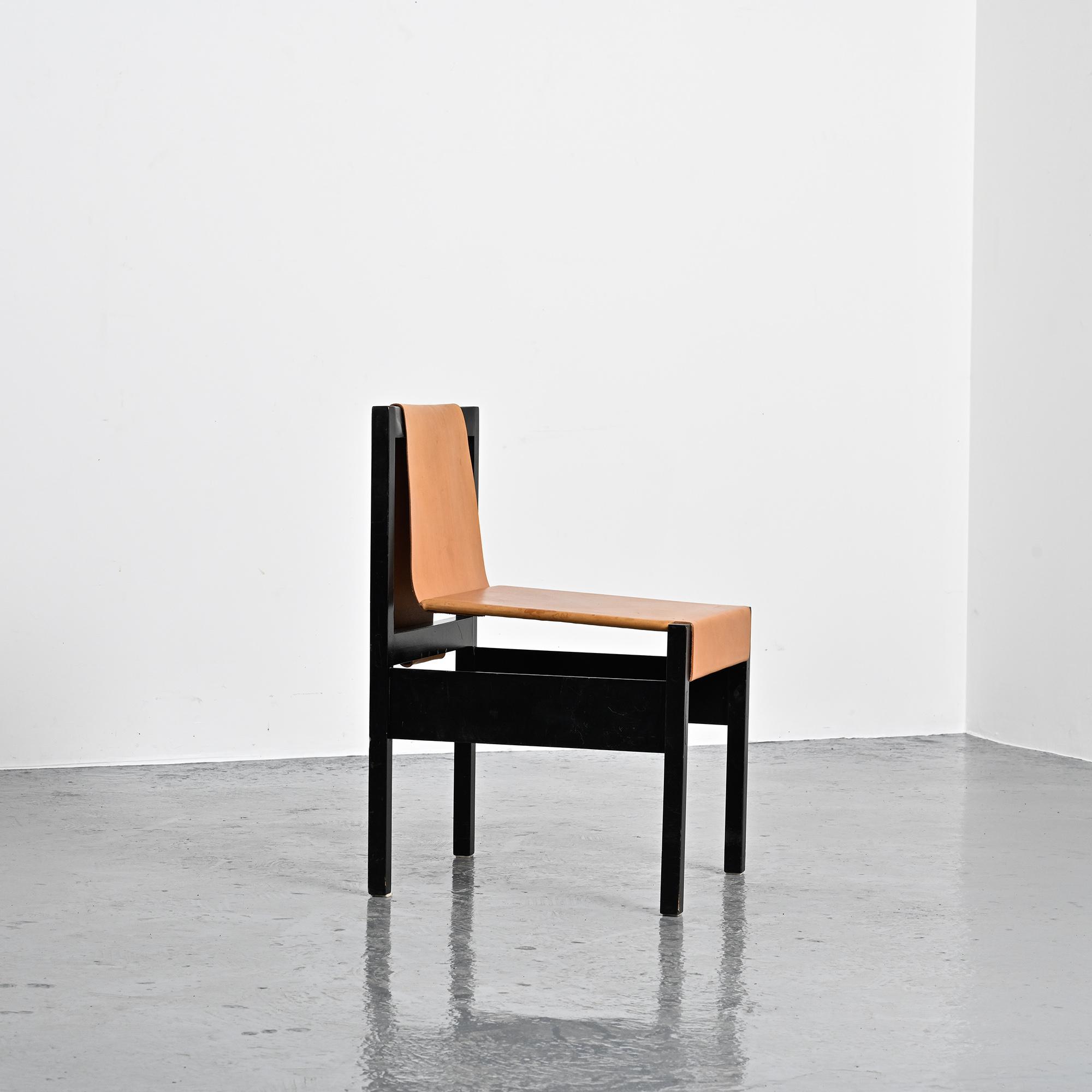 Set of black lacquered wooden chairs with leather, Swiss architect's work, 1980s.