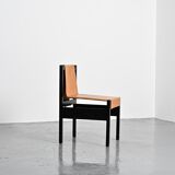 Set of black lacquered wooden chairs with leather, Swiss architect's work, 1980s.