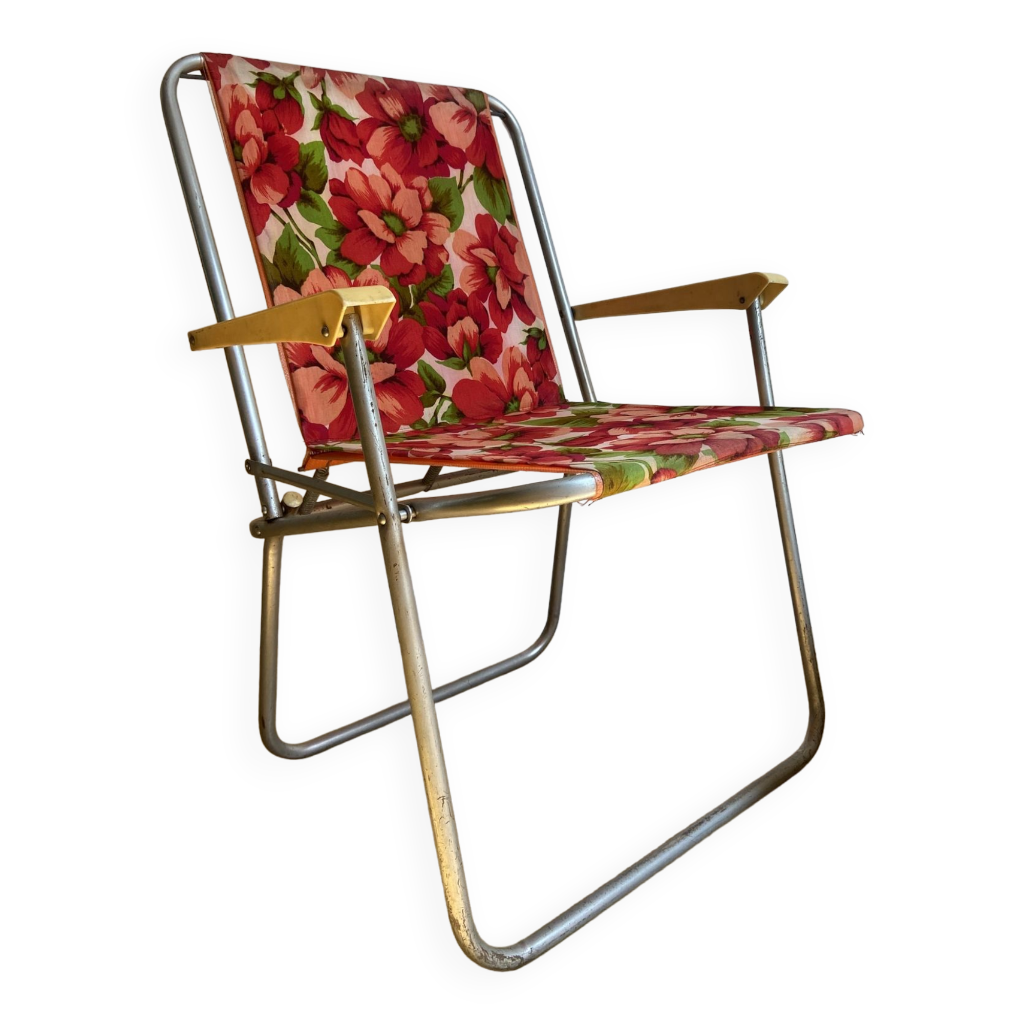 Vintage folding camping armchair with red flower pattern from sieger made in germany