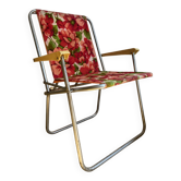 Vintage folding camping armchair with red flower pattern from sieger made in germany