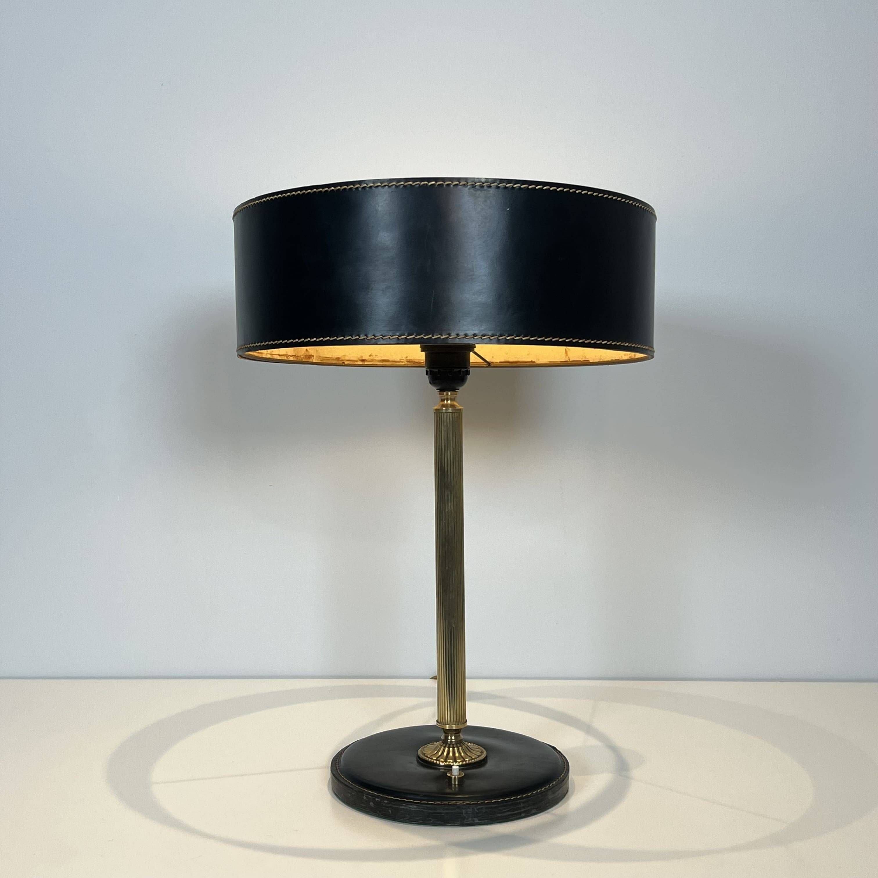 Black Quilted Leather Table Lamp and Golden Brass. French Craftsmanship.