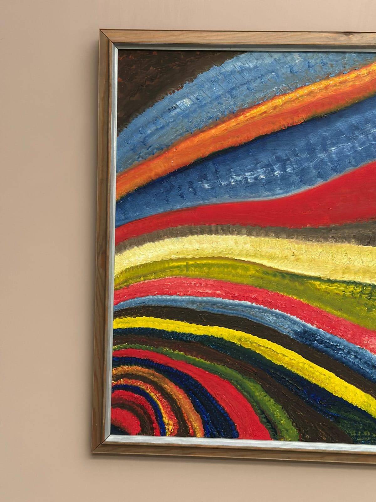 Huile sur toile originale suédoise – 'Fantasia/Färg' par R.C. Reyes – Datée de 1990 (au verso) – Vintage et encadrée – 67 x 67 cm (26,3" × 26,3")