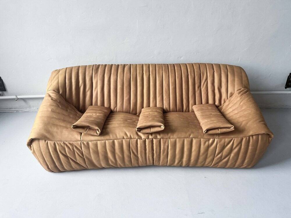 Camel leather 3-seater sofa attributed to Annie Hieronimus for Cinna Ligne Roset, 1973