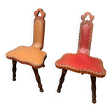 Pair of vintage French three-legged chairs with Breton style backrest, wooden seat 1960s
