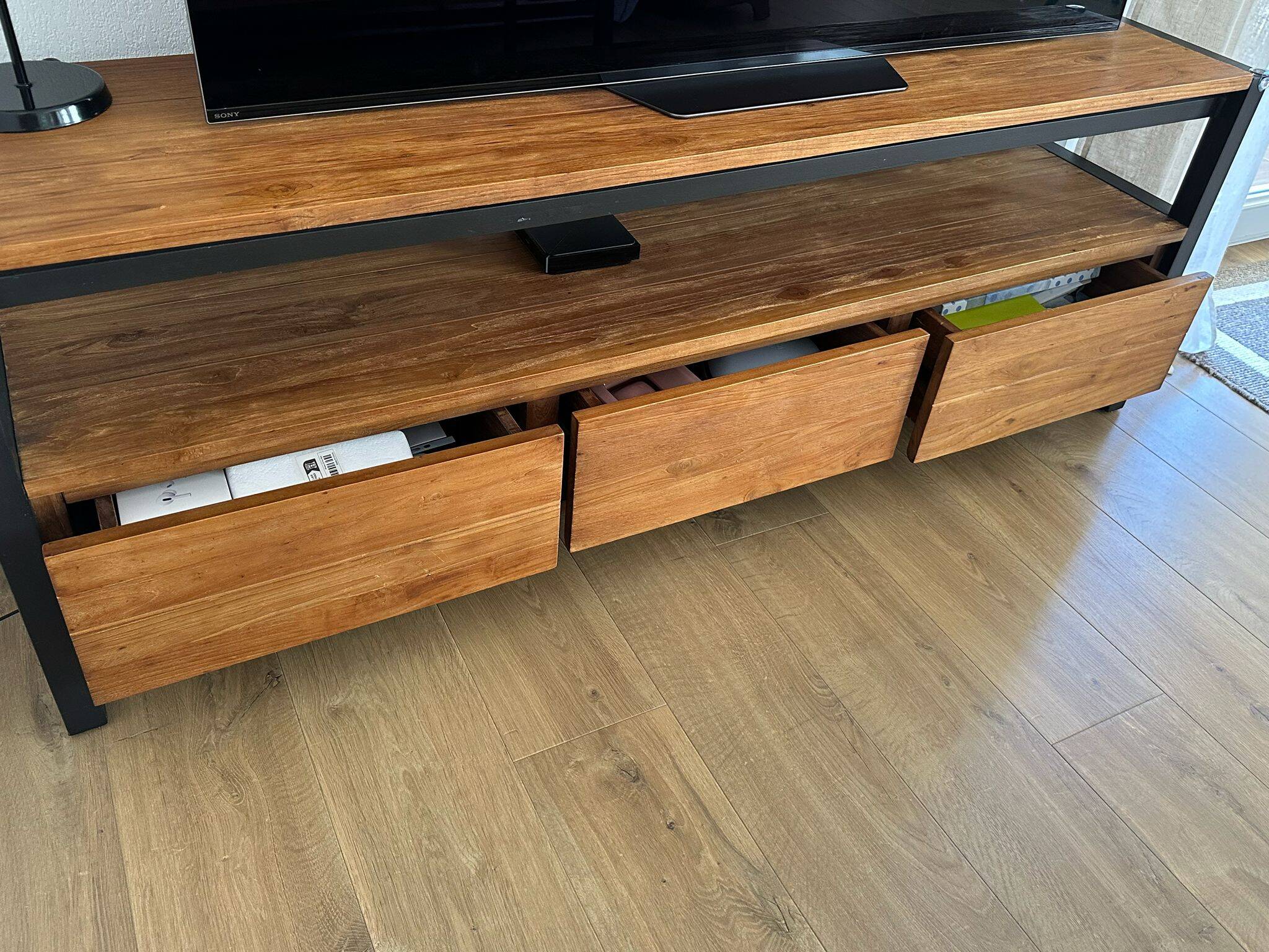 TV unit + coffee table in teak and metal