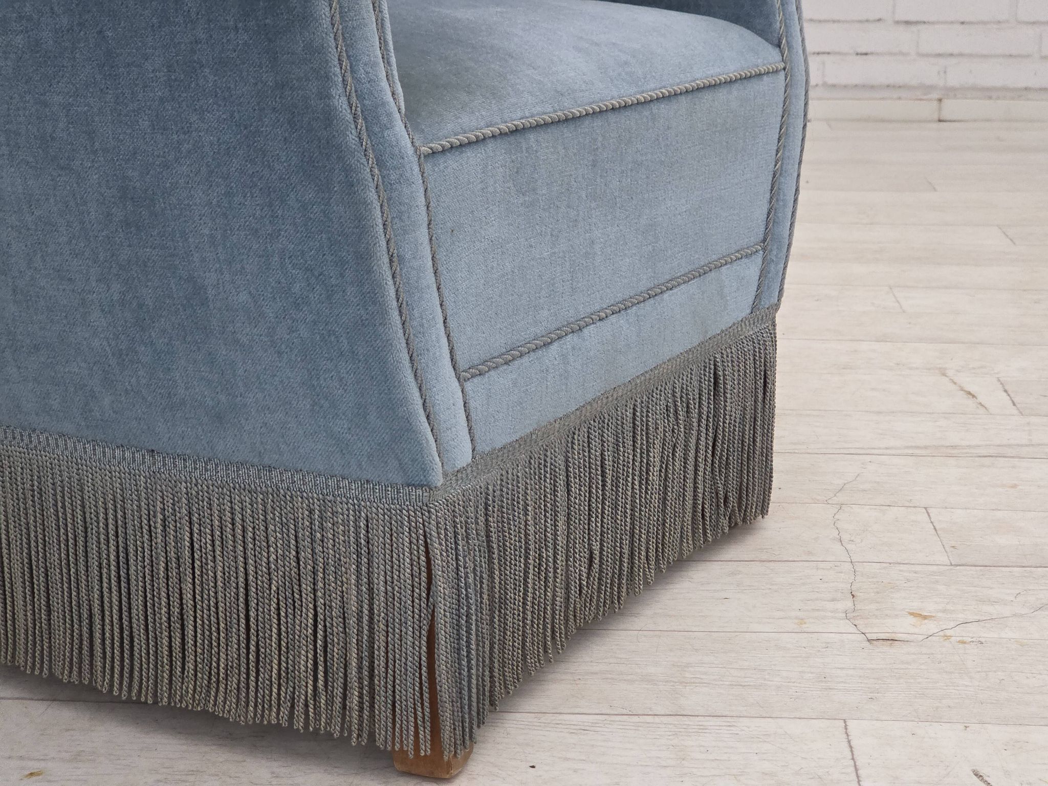 1970s, Danish armchair with footstool, blue furniture velour, oak wood legs