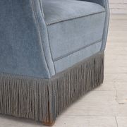 1970s, Danish armchair with footstool, blue furniture velour, oak wood legs